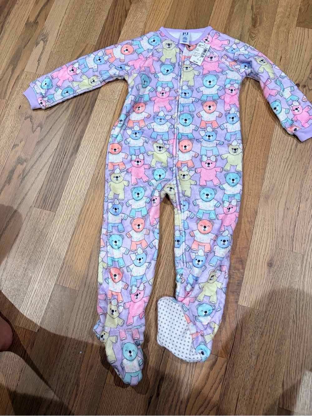 PJ Place NWT toddler girl purple teddy bear print fuzzy warm footie pajamas